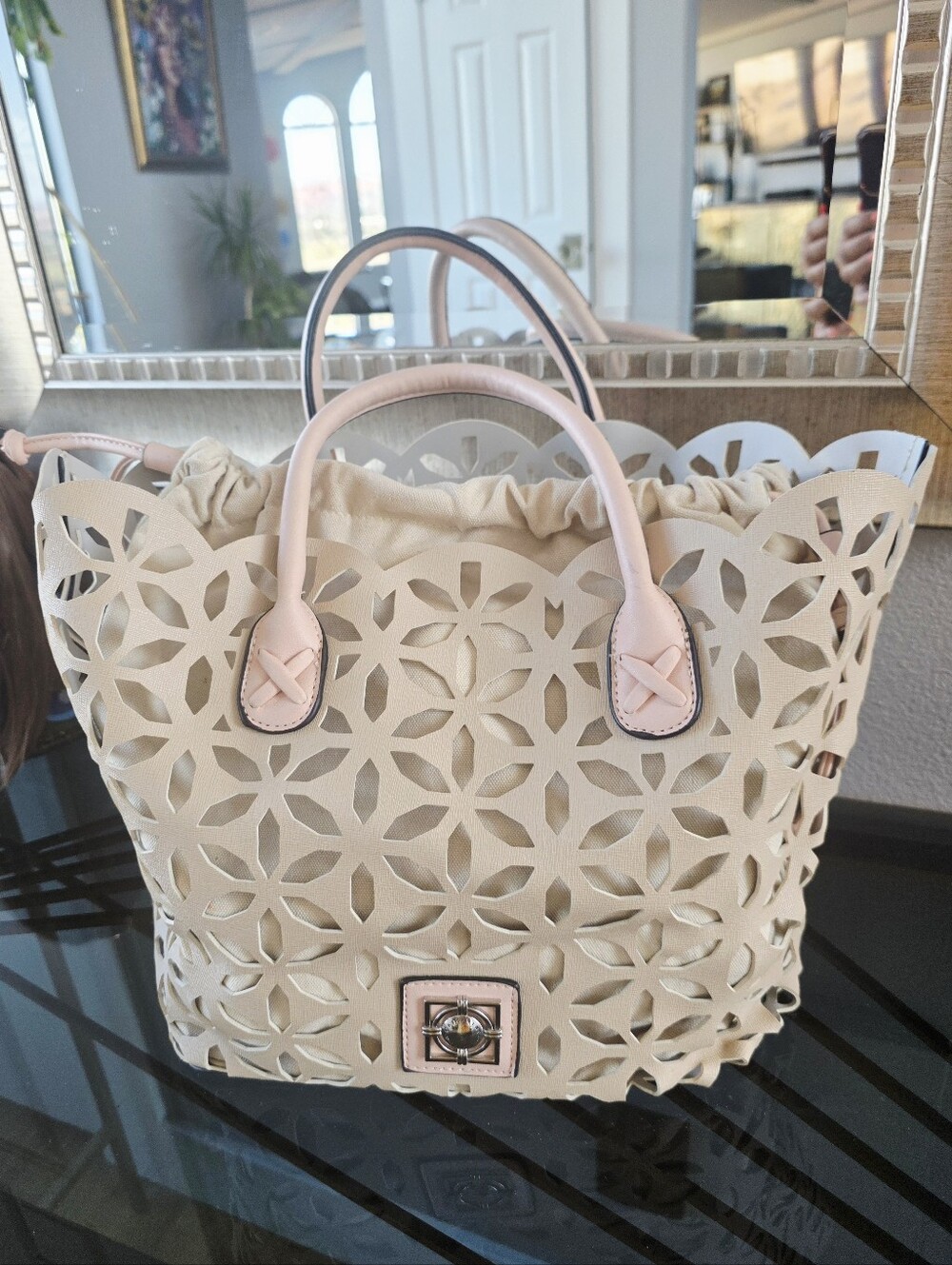 Catherine Malandrino Beige Tote with Pink Trim